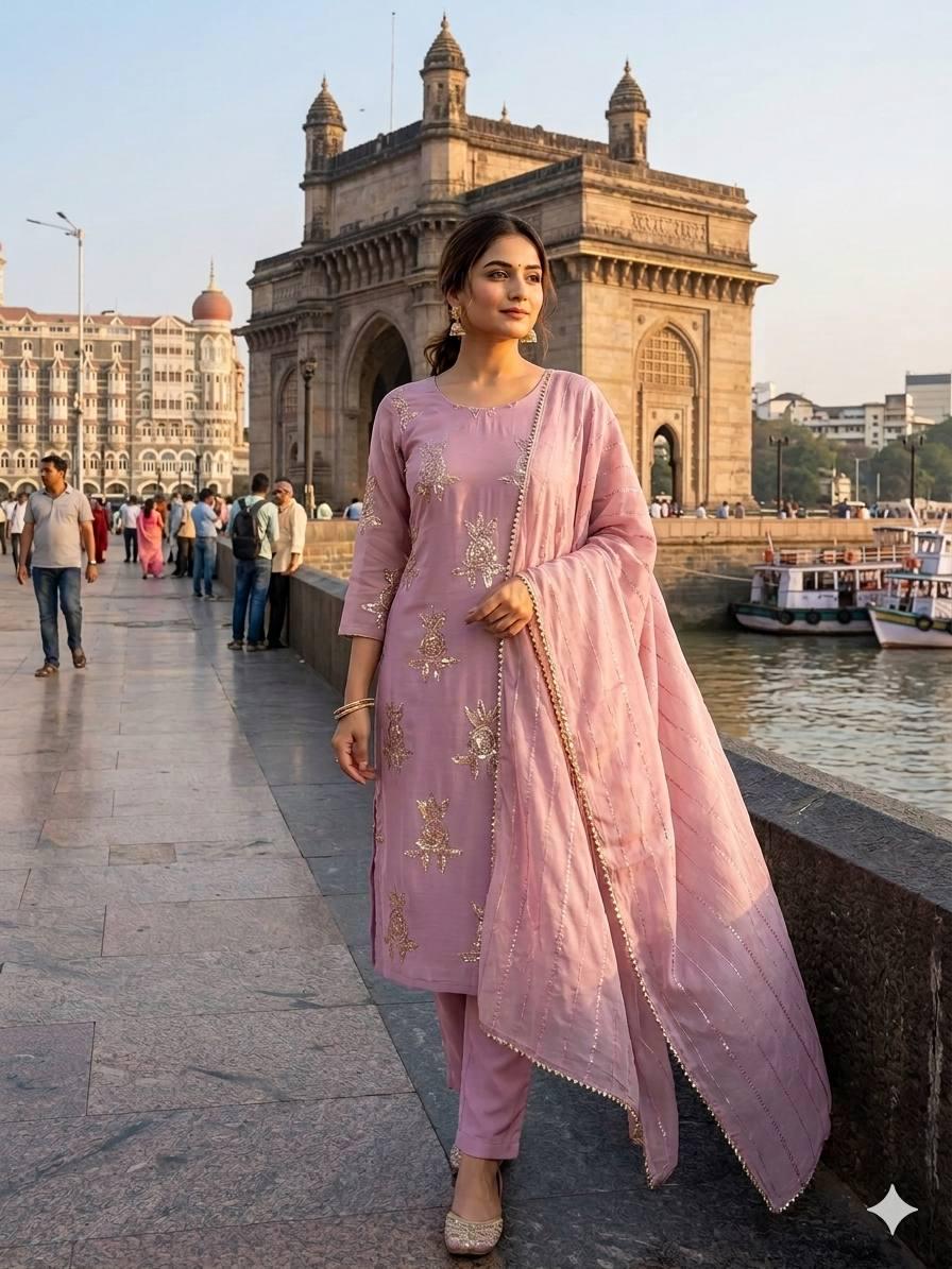 Purple Chinon Suit Set | Sequence Embroidery Kurta Pants Dupatta | Indian Party Wear Ethnic Dress