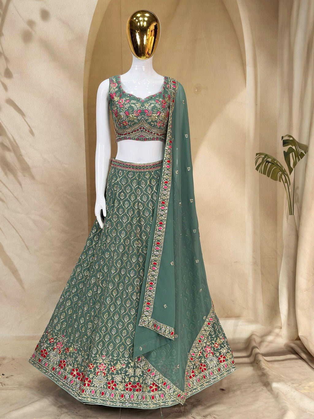 Designer Indian Wedding Lehenga Choli: Mint Green Georgette Embroidery (Made To Order) Customize Size