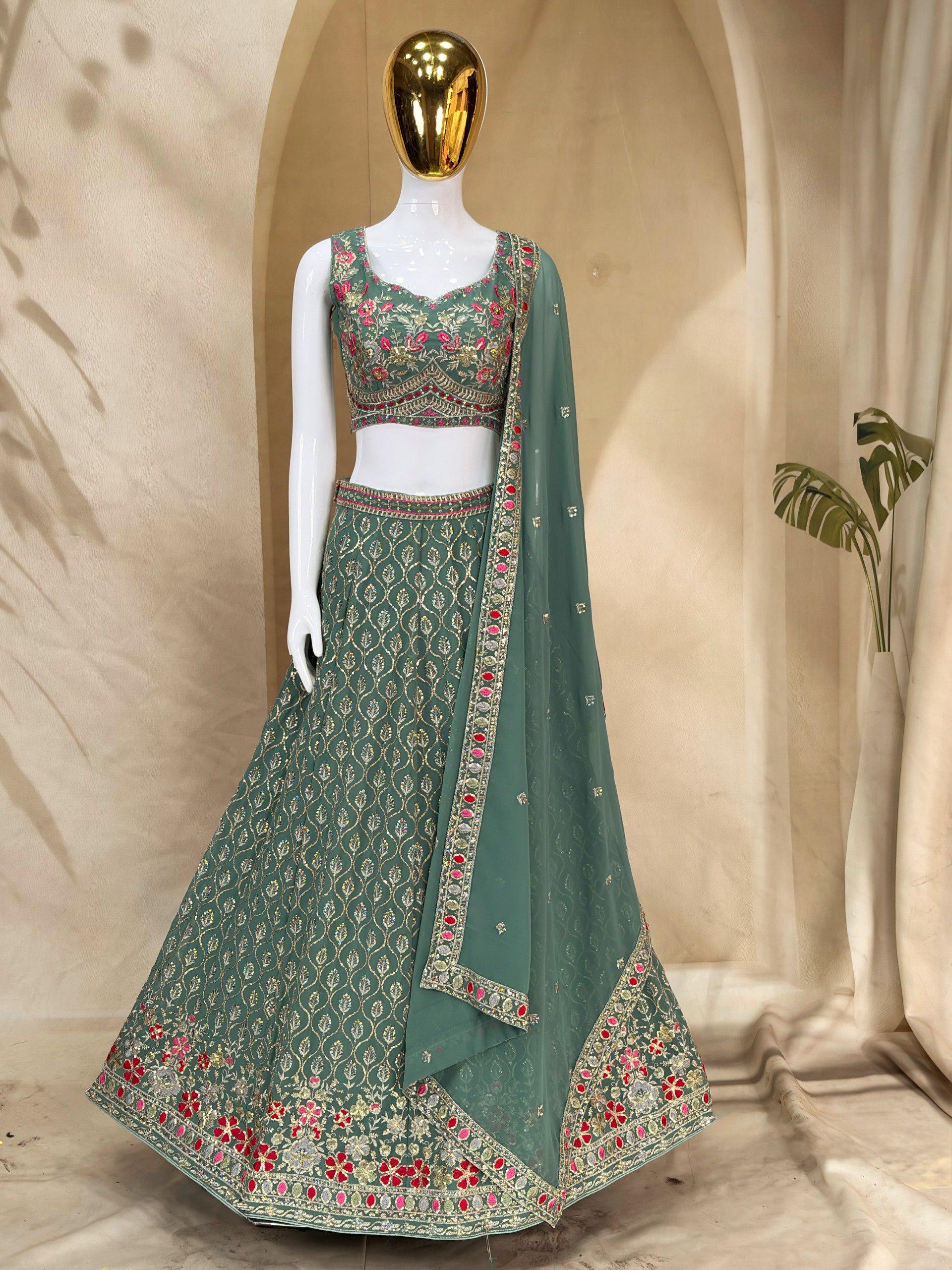 Designer Indian Wedding Lehenga Choli: Mint Green Georgette Embroidery (Made To Order) Customize Size