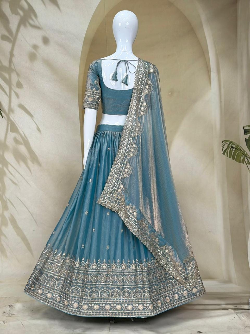 Designer Indian Wedding Lehenga Choli: Tint Blue Fandy Silk Embroidery (Made To Order)