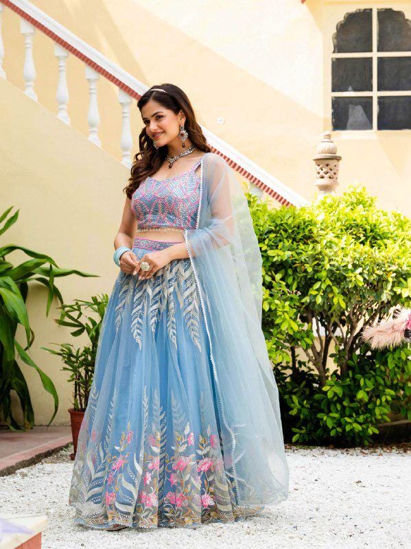 Designer Indian Wedding Lehenga Choli: Sky Blue Soft Net Embroidery Custom Stitched Blouse