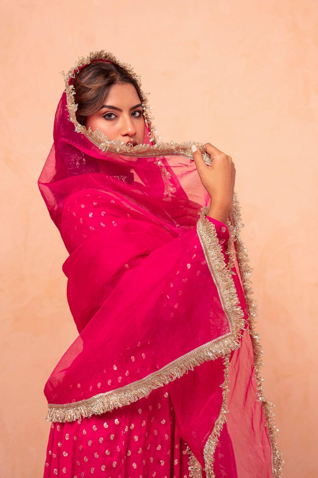 Royal Pink Jacquard Chanderi Silk Kurti Sharara Suit with Real Mirror Work, Net Dupatta