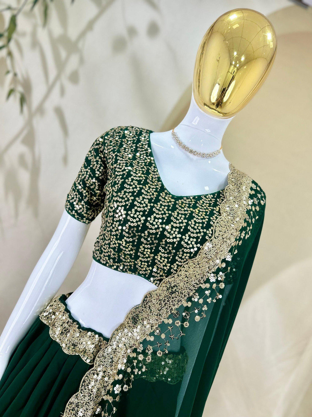 Designer Indian Wedding Lehenga Choli: Dark Green Georgette Embroidery Sequins Work (Made To Order)