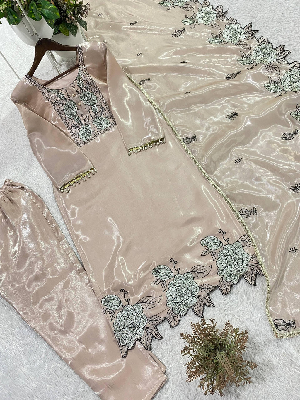 Designer Jimmy Choo Silk Embroidered Suit Set with Dupatta | Indian Wedding Guest Dress