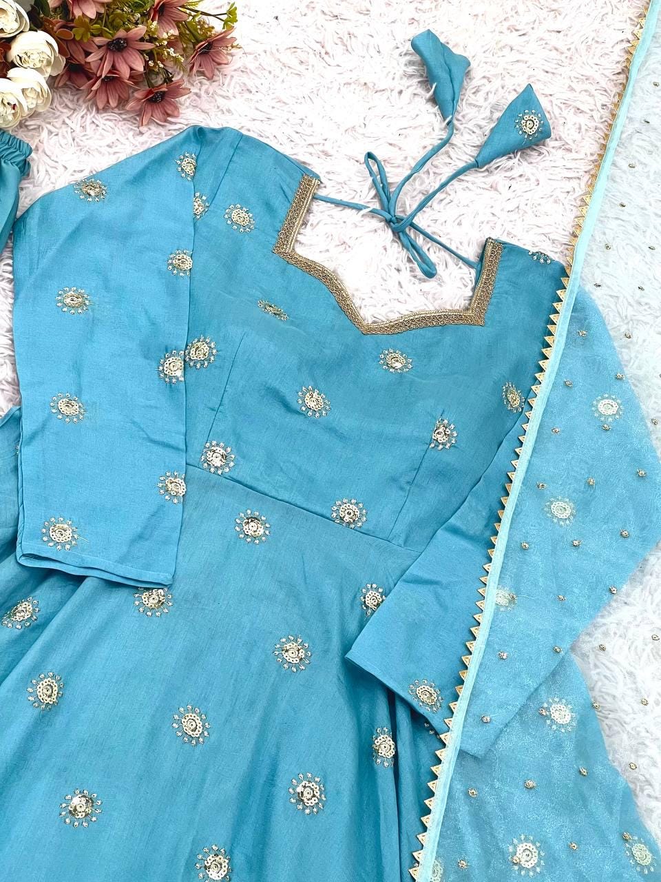 Blue Silk Gown, Long Sleeve Mirror Work, Full Flair Prom Dress