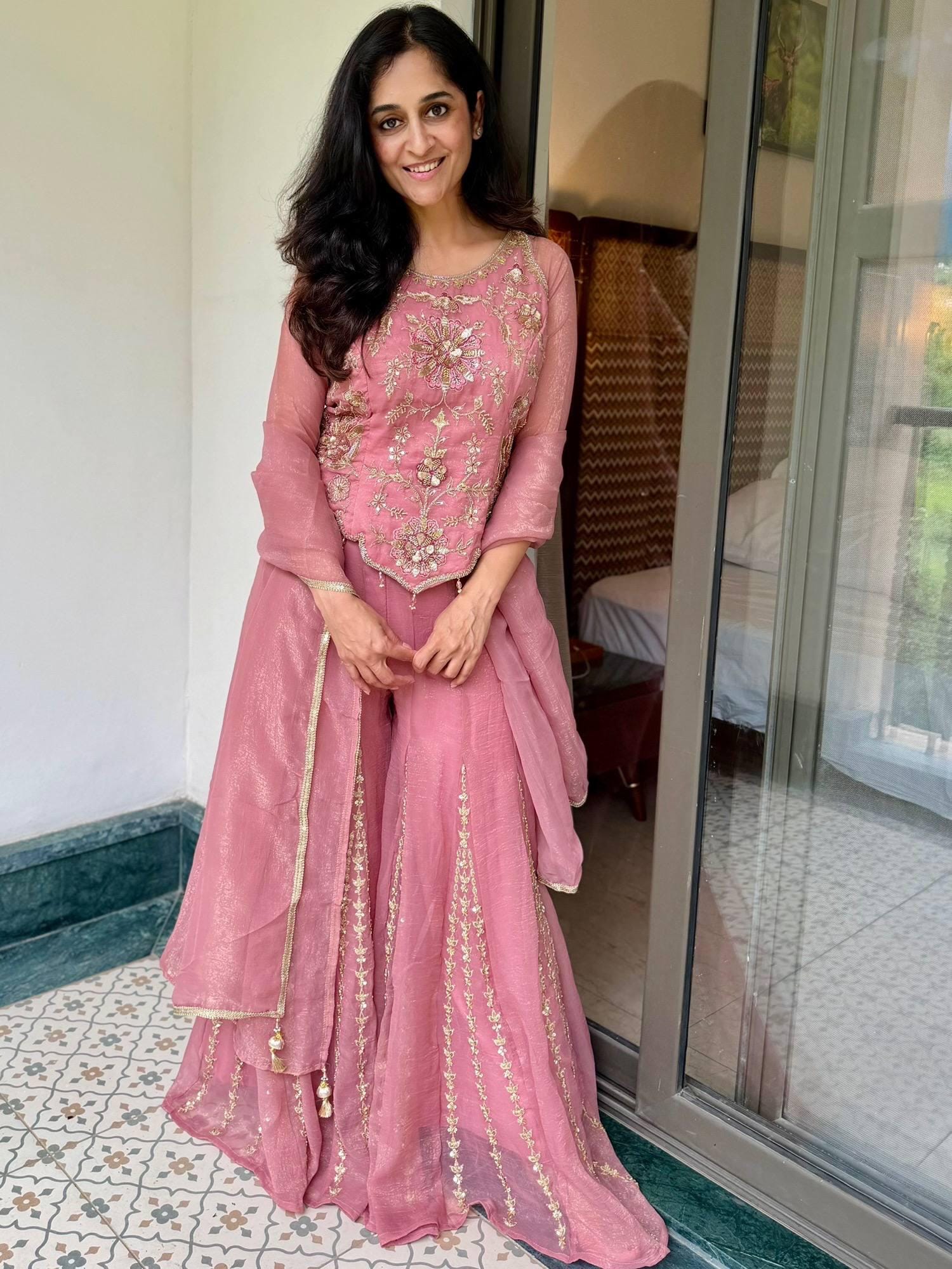 Designer Baby Pink Fendy Silk Embroidery Coding & Sequence Work Sharara Suit Set Custom Stitched
