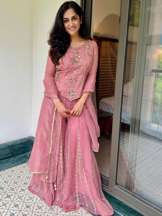 Designer Baby Pink Fendy Silk Embroidery Coding & Sequence Work Sharara Suit Set Custom Stitched