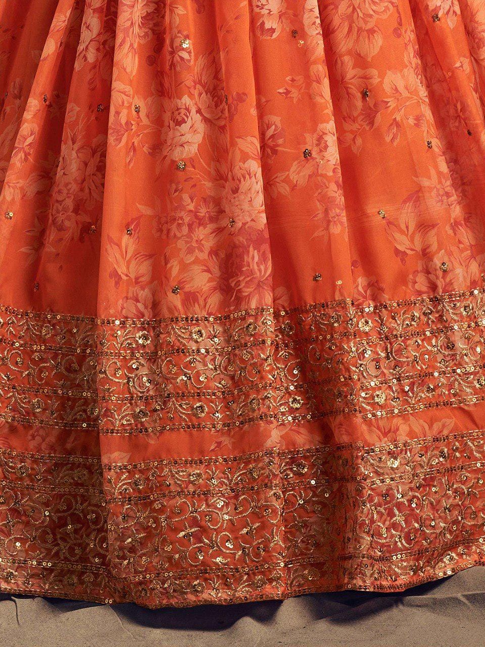 Dusty Rose Organza Lehenga Choli Set | Printed Embroidery Sequence Wedding Dress