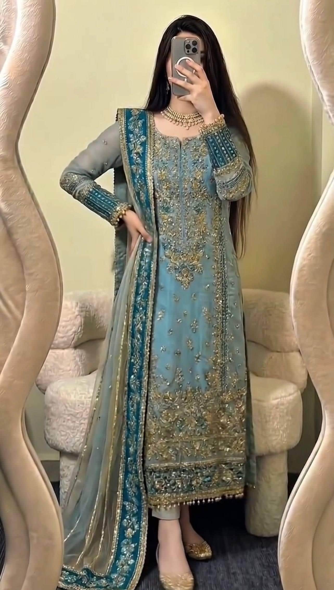 Teal Blue Fox Georgette Suit Set: Heavy Embroidery Sequence Work, Stitched Punjabi Salwar Kameez