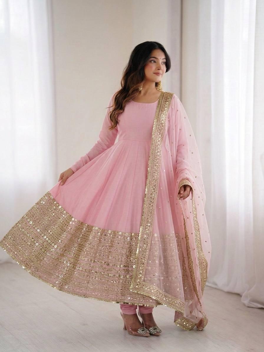 White Georgette Aliya Cut Gown with Dupatta – Embroidered Party Wear Ensemble