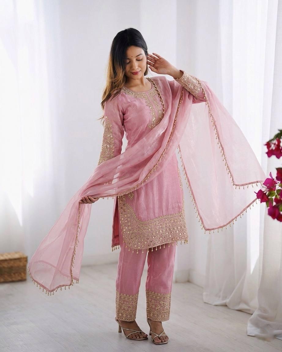 Pink Silk Top, Bottom, Dupatta Set: Heavy Embroidery Sequence Work (Fully Stitched)