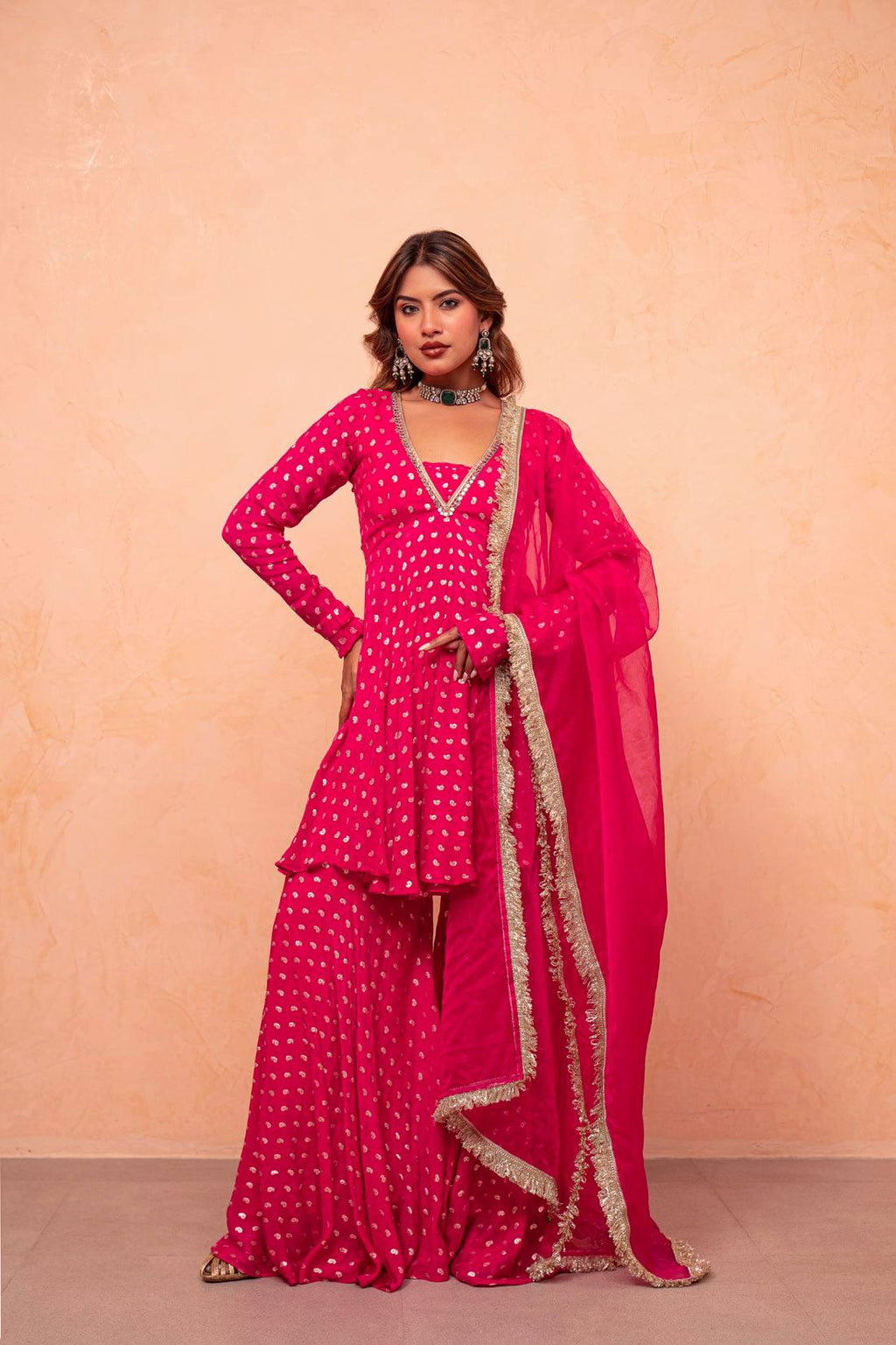 Royal Pink Jacquard Chanderi Silk Kurti Sharara Suit with Real Mirror Work, Net Dupatta