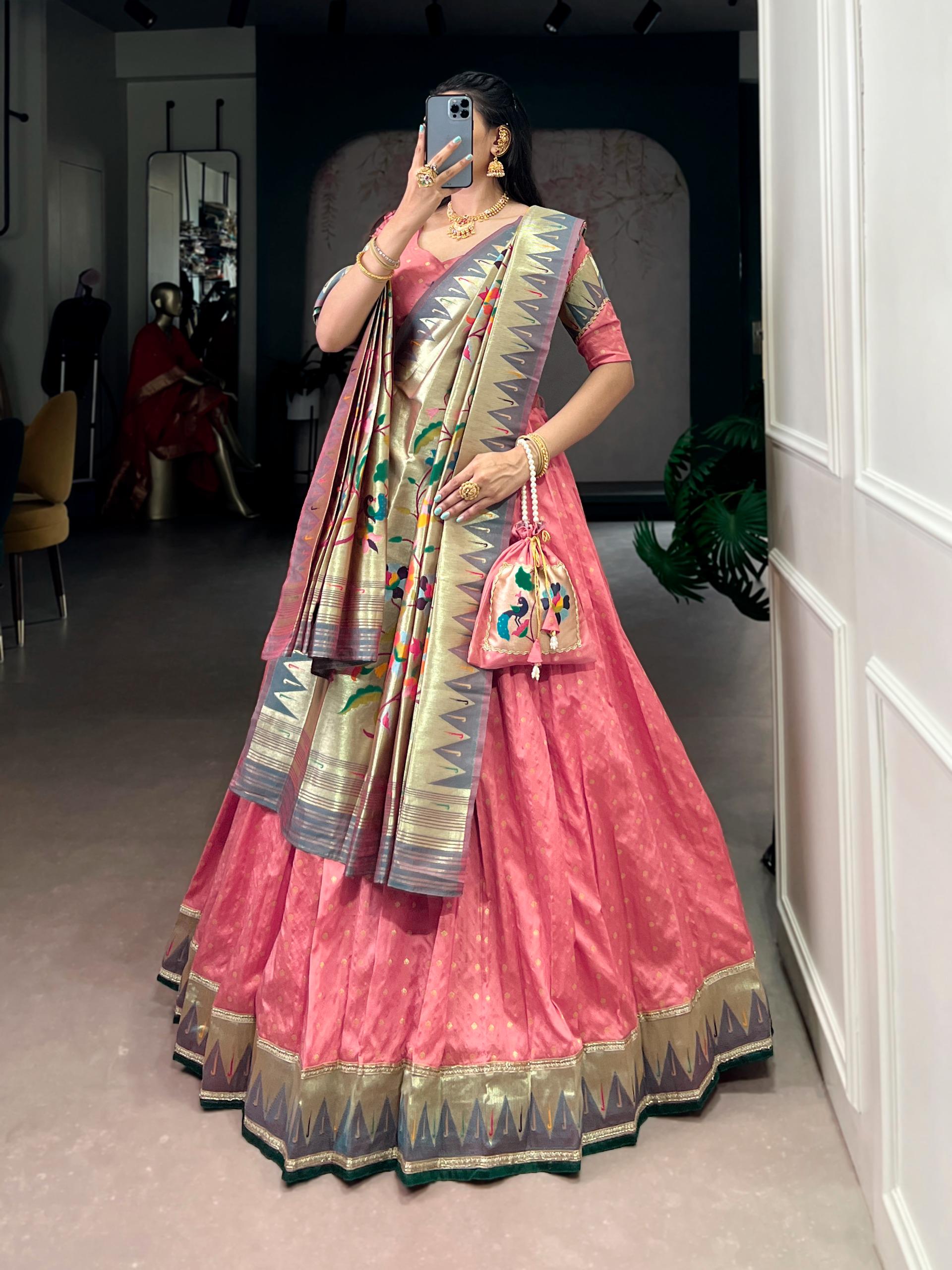 Designer Silk Paithani Lehenga Choli Set | Zari Weaving Indian Wedding Wear, Batwa