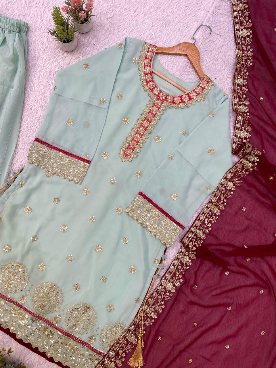 Sky Blue Georgette Suit Set: Heavy Sequence Embroidery, Stitched Salwar Kameez Dupatta