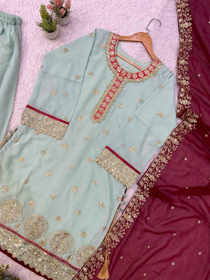 Sky Blue Georgette Suit Set: Heavy Sequence Embroidery, Stitched Salwar Kameez Dupatta