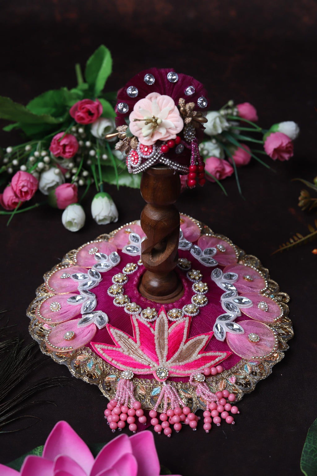 Exquisite Handcrafted Pink Lotus Deity Dress | Royal Magenta Laddu Gopal Poshak with Pearl & Sequin Border | Janmashtami Shringar