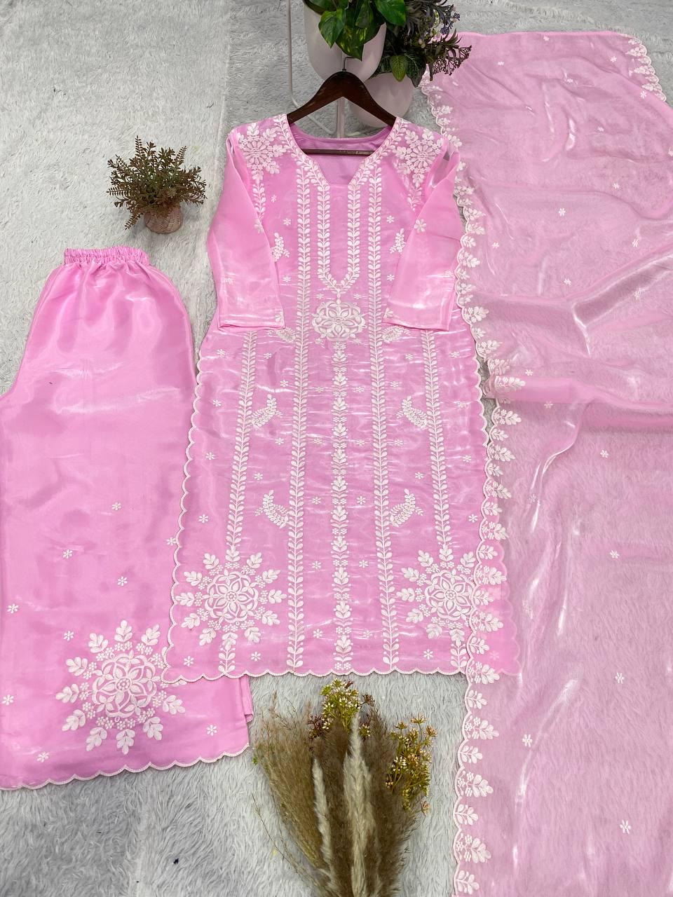 Pink Jimmy Choo Fabric Embroidered Kurta Salwar Set with Dupatta | Festive Indian Wear