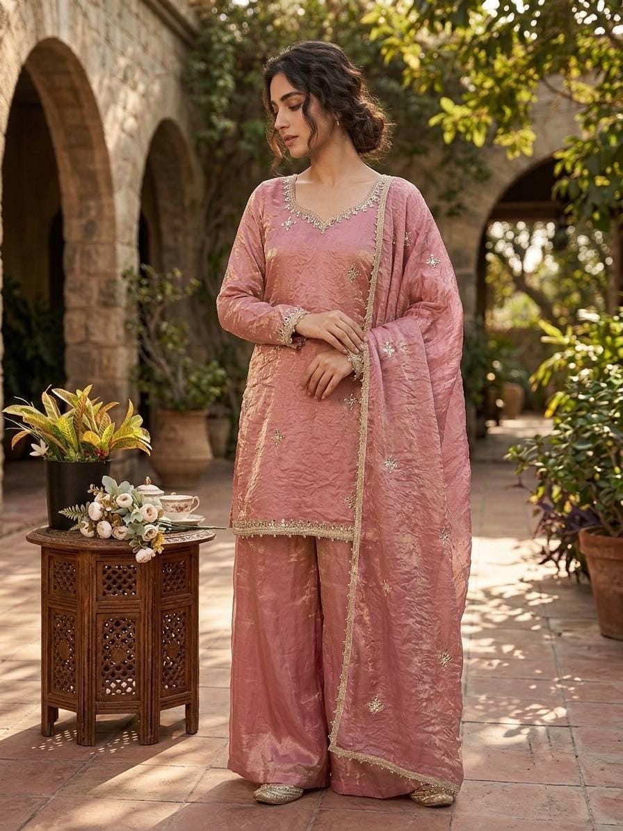 Designer Fendy Silk Sharara Suit Set: Rosy Pink Embroidery, Real Mirror Work Festive Wear