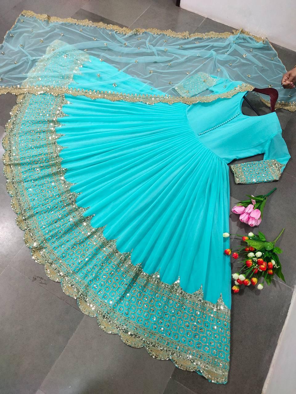Embroidered Anarkali Gown Set, Faux Georgette Sequence Work, Ready to Wear Ethnic Dress