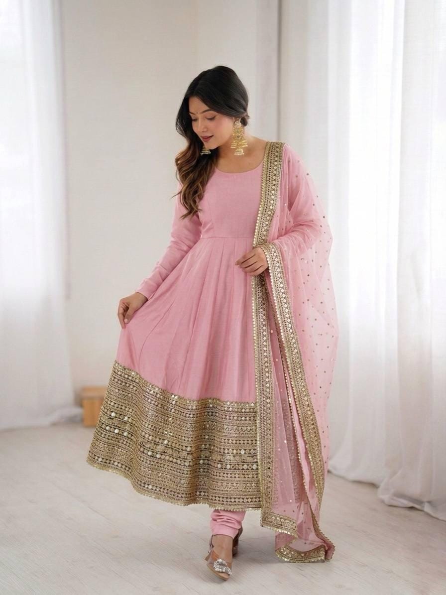 White Georgette Aliya Cut Gown with Dupatta – Embroidered Party Wear Ensemble