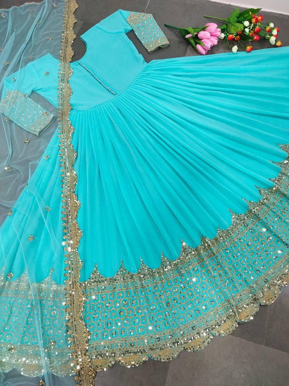 Embroidered Anarkali Gown Set, Faux Georgette Sequence Work, Ready to Wear Ethnic Dress