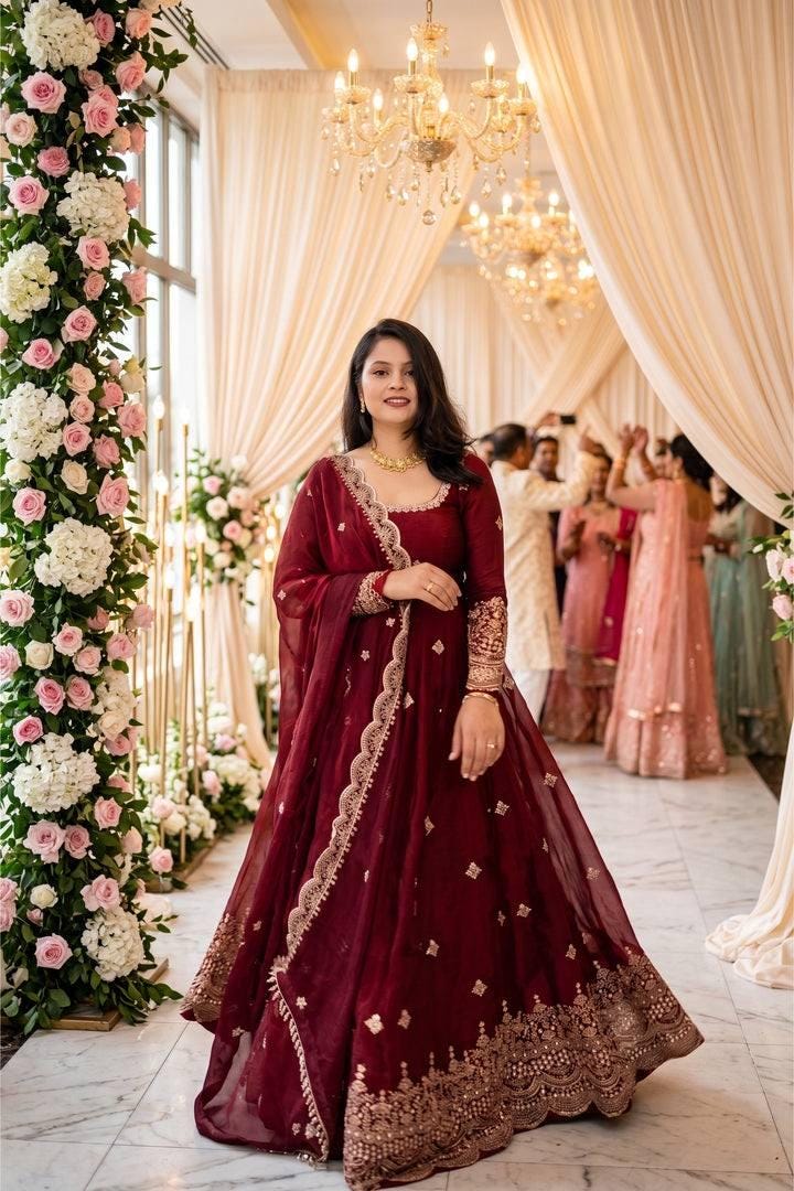 Maroon Pure Fendy Silk Gown Set | Sequence Embroidery Party Wear Dress
