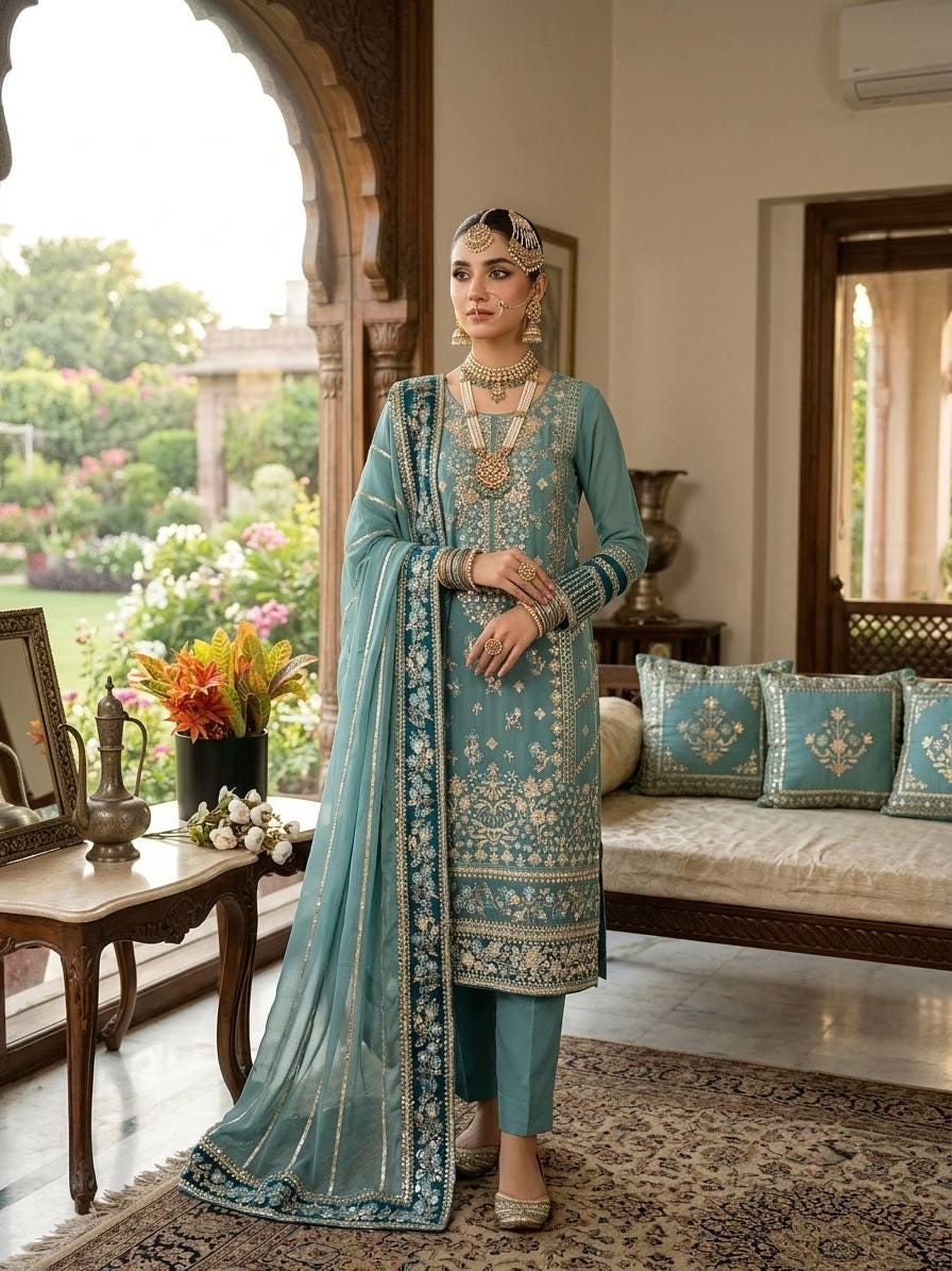 Teal Blue Fox Georgette Suit Set: Heavy Embroidery Sequence Work, Stitched Punjabi Salwar Kameez
