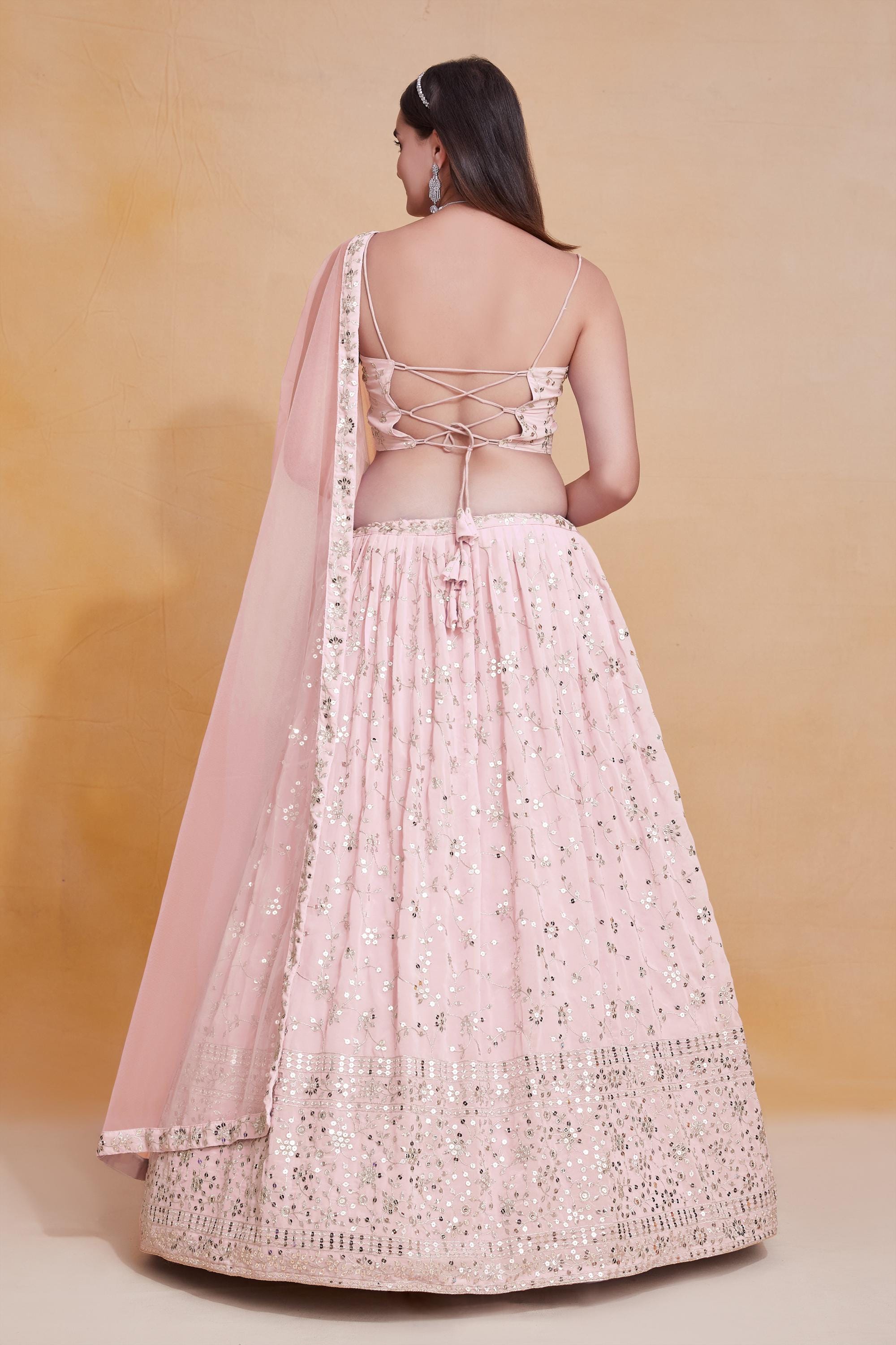 Designer Indian Wedding Lehenga Choli: Pink Georgette Embroidery Stitched Blouse