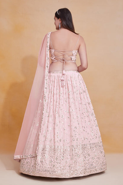 Designer Indian Wedding Lehenga Choli: Pink Georgette Embroidery Stitched Blouse