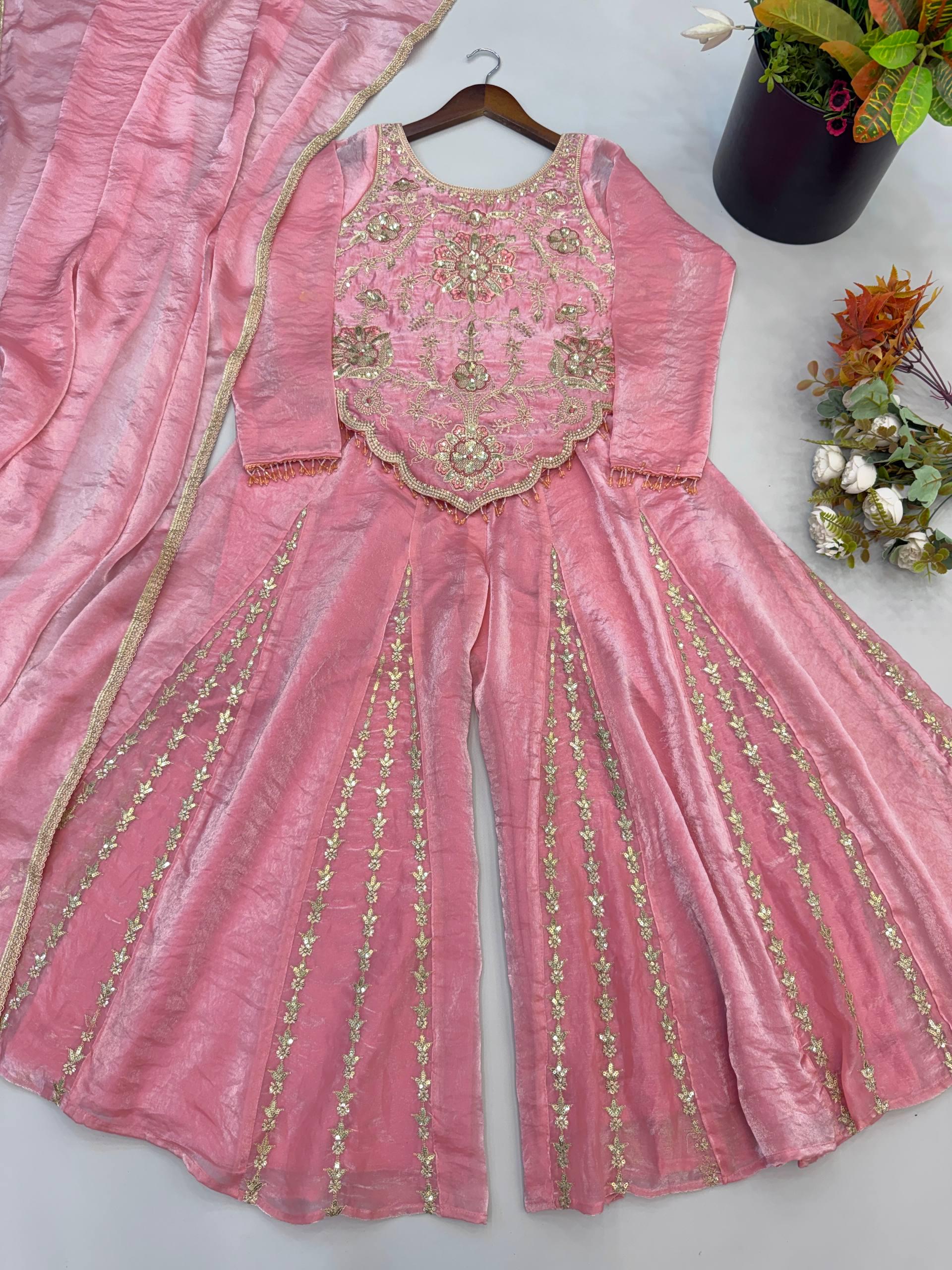 Designer Baby Pink Fendy Silk Embroidery Coding & Sequence Work Sharara Suit Set Custom Stitched