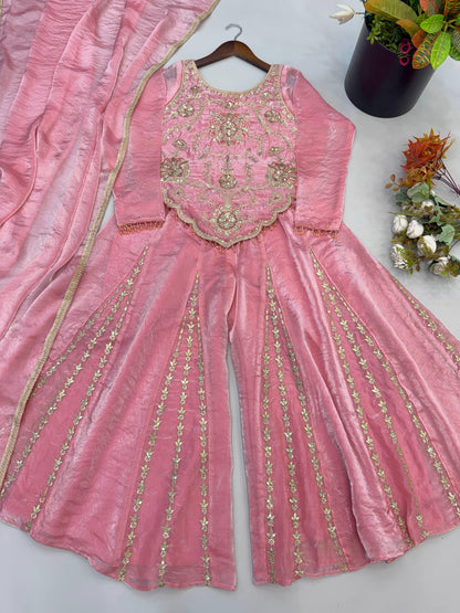 Designer Baby Pink Fendy Silk Embroidery Coding & Sequence Work Sharara Suit Set Custom Stitched