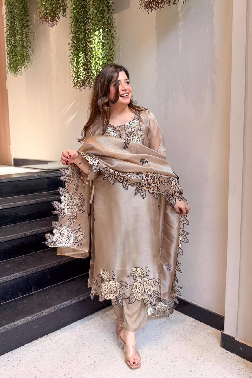 Designer Jimmy Choo Silk Embroidered Suit Set with Dupatta | Indian Wedding Guest Dress