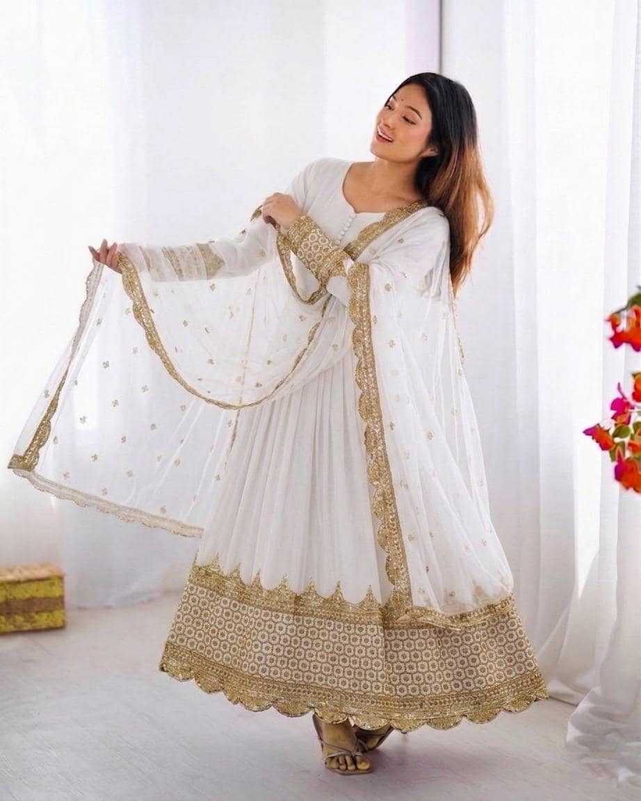 White Anarkali Gown Set — Faux Georgette, Sequin Embroidery