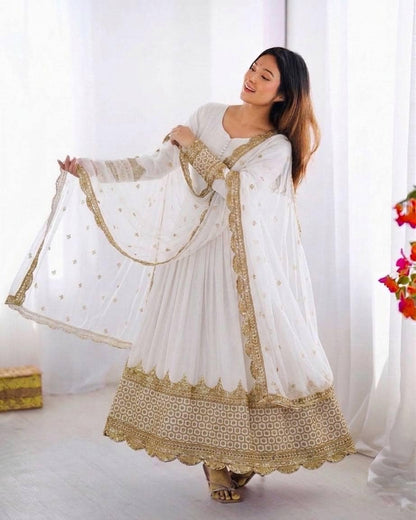 White Anarkali Gown Set — Faux Georgette, Sequin Embroidery