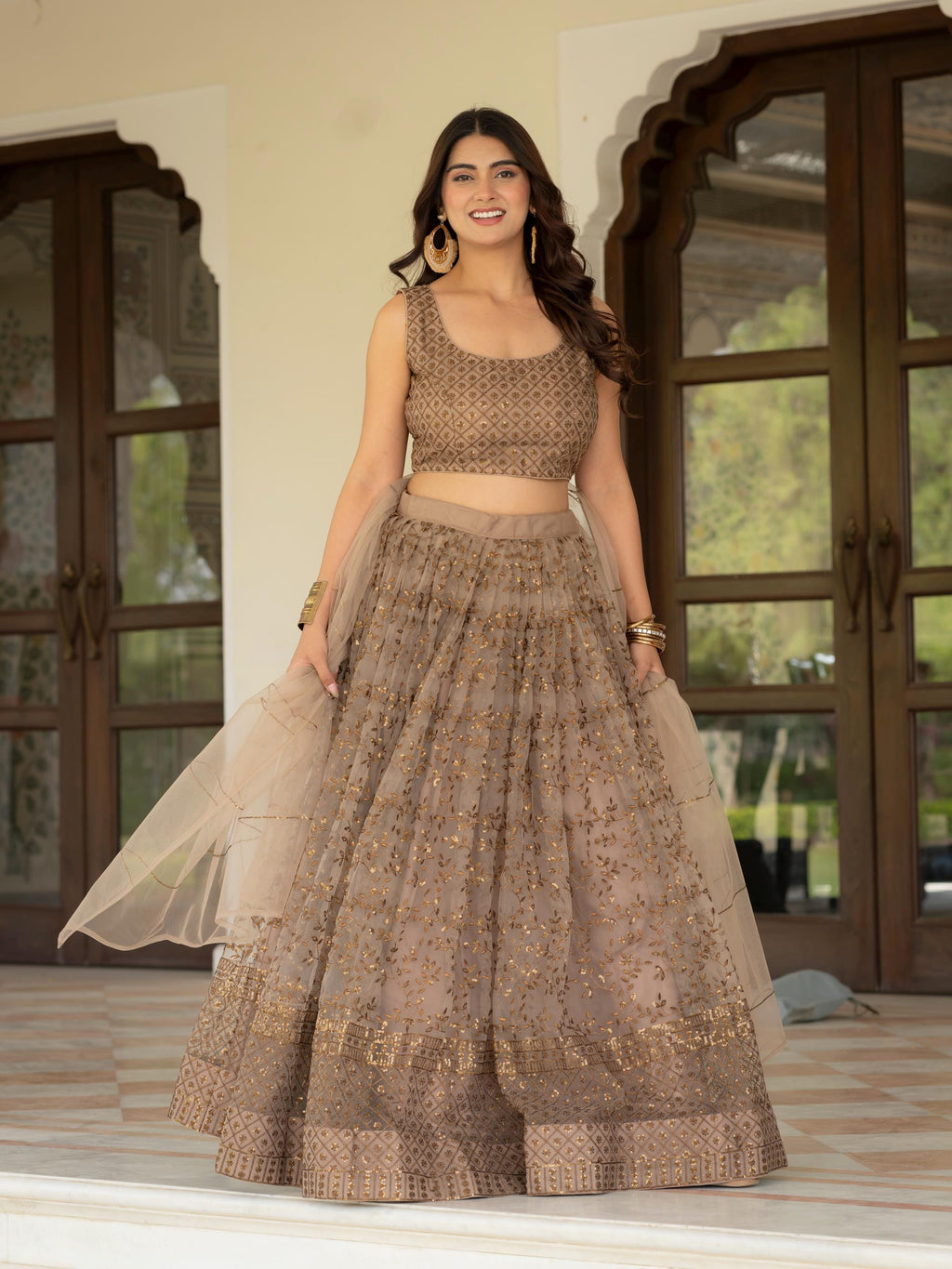 Muted Beige Net Lehenga Choli Set: Zari Sequence Embroidery Indian Wedding Outfit