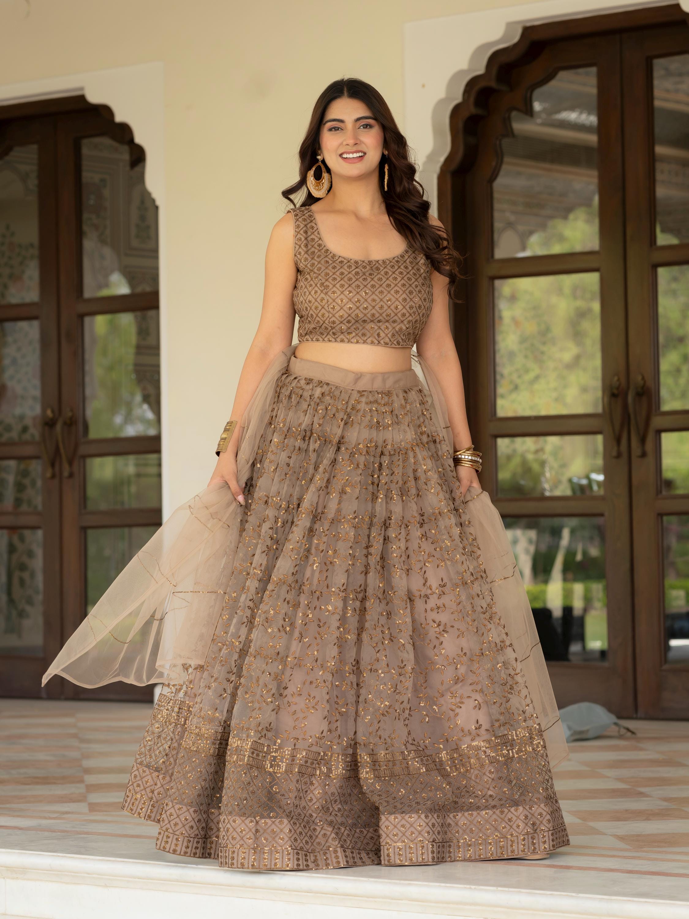 Muted Beige Net Lehenga Choli Set: Zari Sequence Embroidery Indian Wedding Outfit
