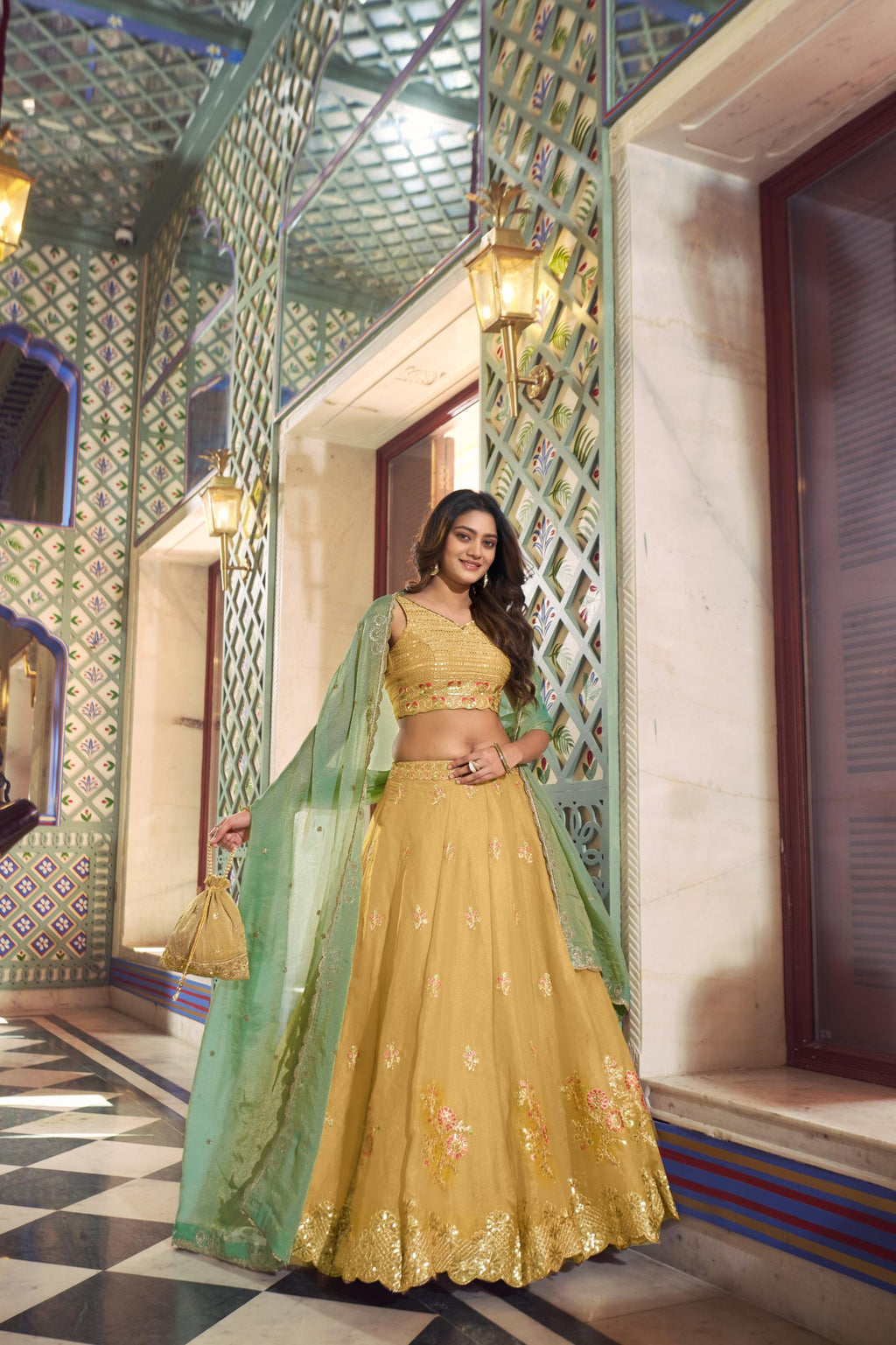 Pure Cotton Yellow Lehenga Choli Set: Gamthi Mirror Work, Matching Purse