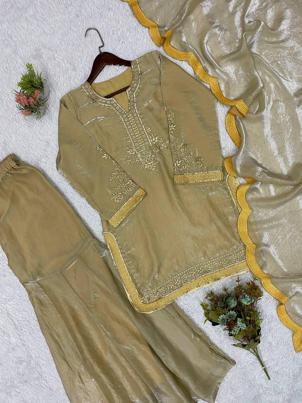 Indian Festival Designer Beige Gold Fendy Silk Sequence Embroidery Work Top, Palazzo & Dupatta Set