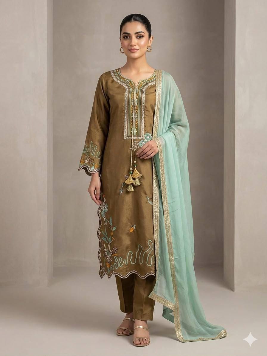 Glass Roman Embroidery Kurti Pant Set | Georgette Dupatta, Indian Wedding Wear