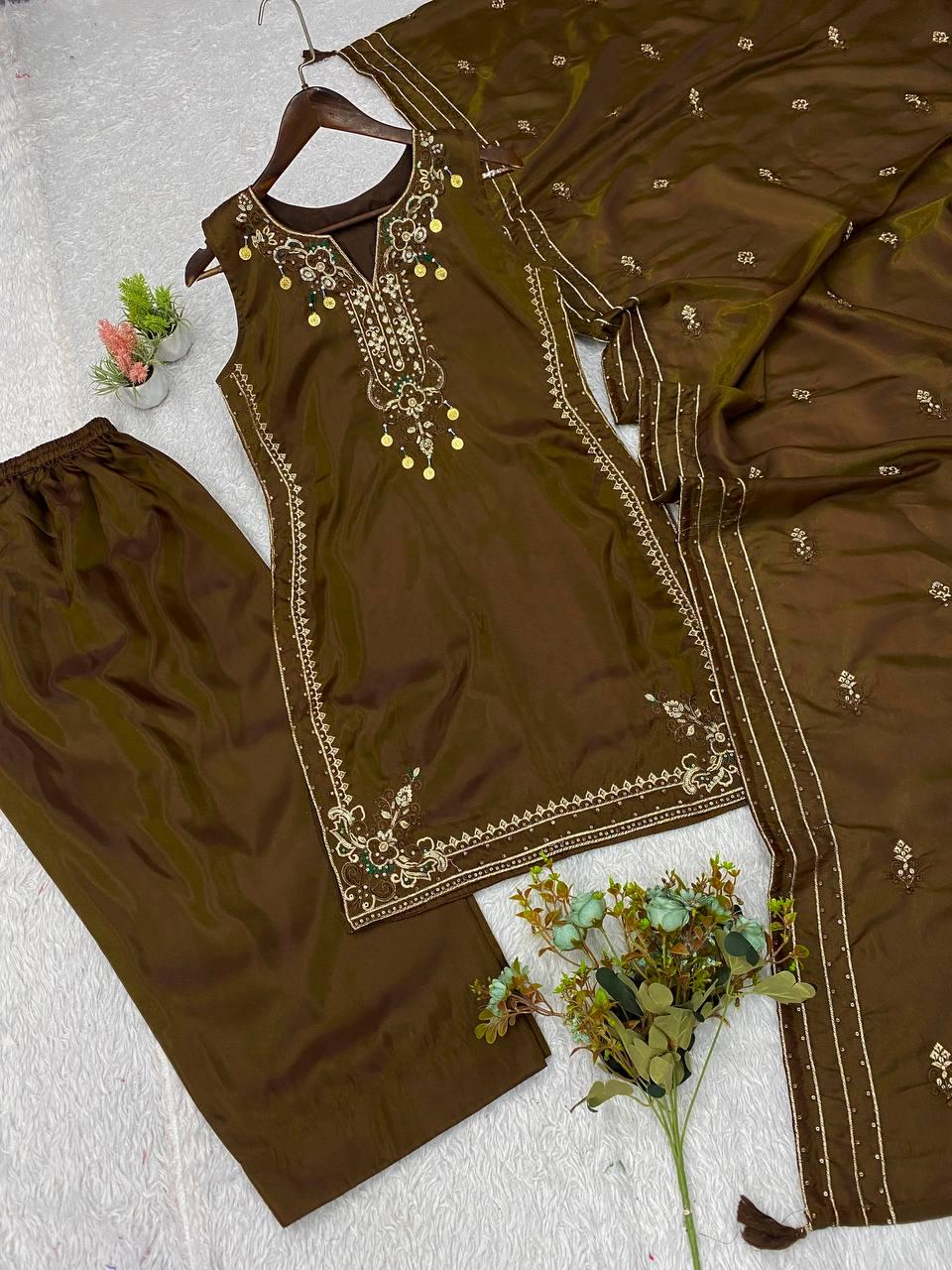 Dark Olive Cose Moss Salwar Suit | Sequence Embroidery, Bead-Coins Tassels