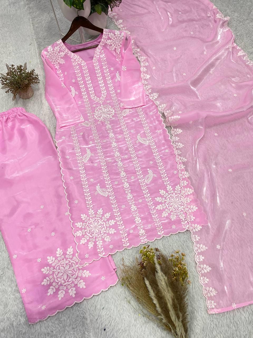 Pink Jimmy Choo Fabric Embroidered Kurta Salwar Set with Dupatta | Festive Indian Wear