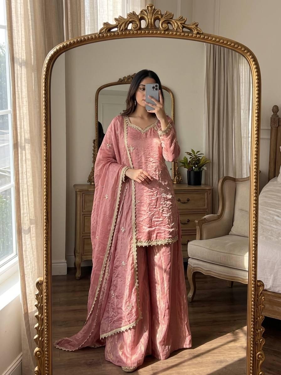 Designer Fendy Silk Sharara Suit Set: Rosy Pink Embroidery, Real Mirror Work Festive Wear