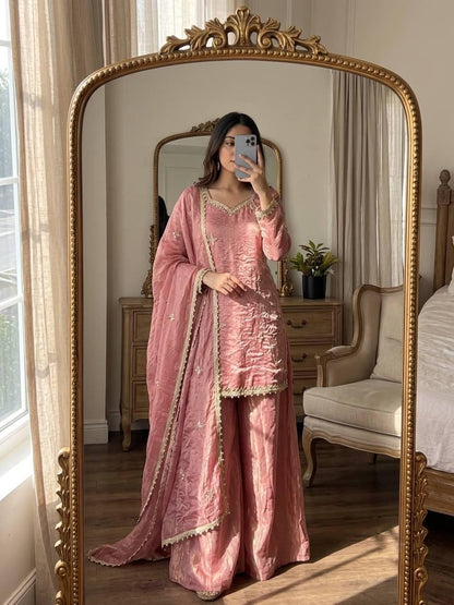 Designer Fendy Silk Sharara Suit Set: Rosy Pink Embroidery, Real Mirror Work Festive Wear