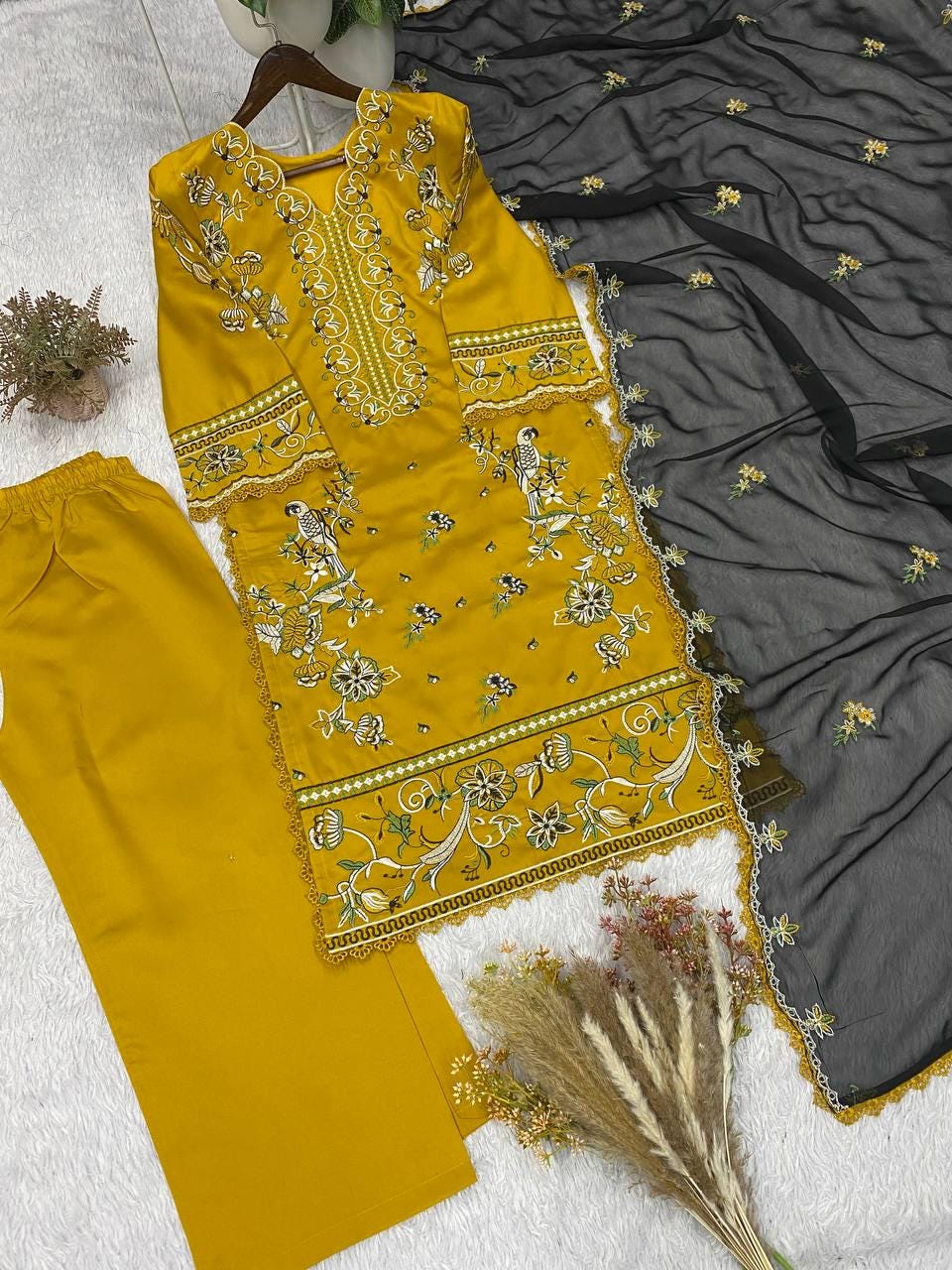 Designer Roman Silk Yellow Salwar Set with Dupatta | Embroidered Wedding Party Wear