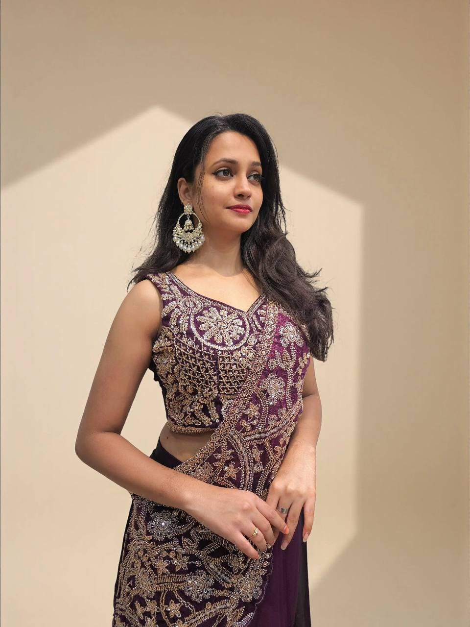 Ready-to-Wear Green Rangoli Silk Drape Saree with Sequins Work Blouse