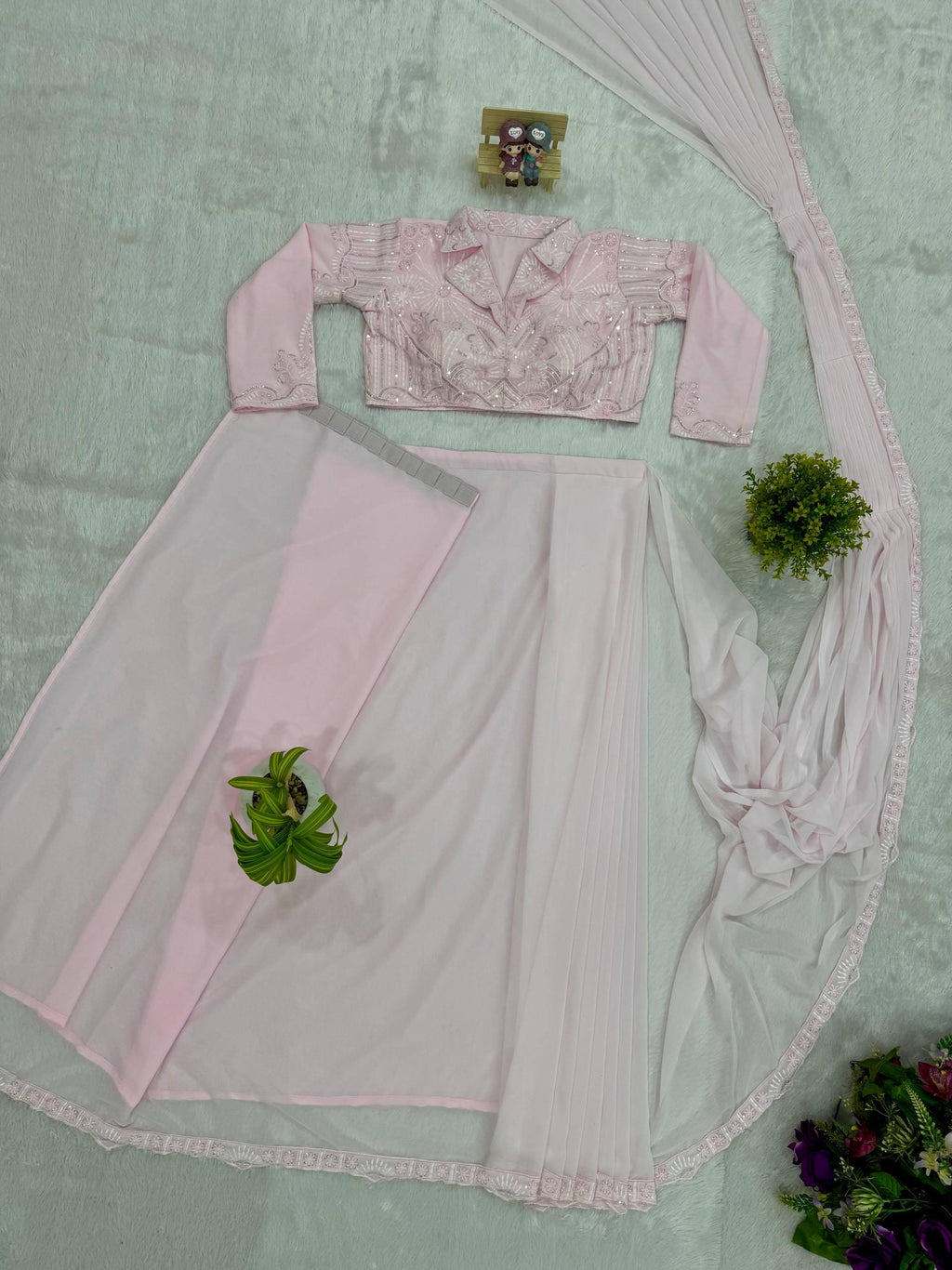 Ready-to-Wear Baby Pink Georgette Drape Saree with Sequins Work Custom Stitch Blouse