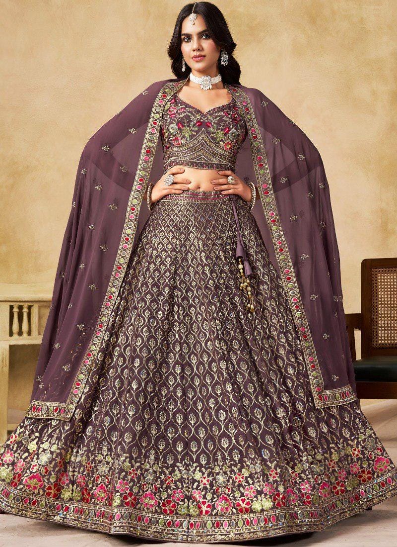 Designer Indian Wedding Lehenga Choli: Dark Brown Georgette Embroidery (Made To Order)