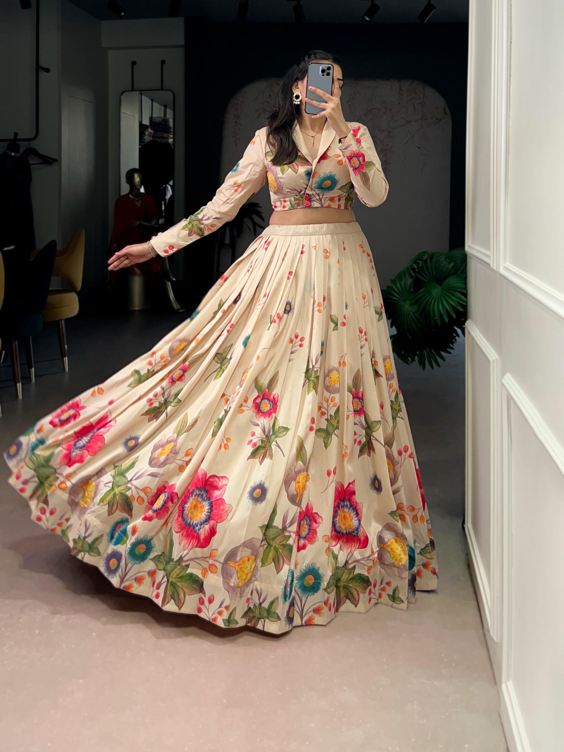 Floral Printed Tasar Silk Lehenga Choli, Indian Wedding Party Outfit (Ready to Wear)