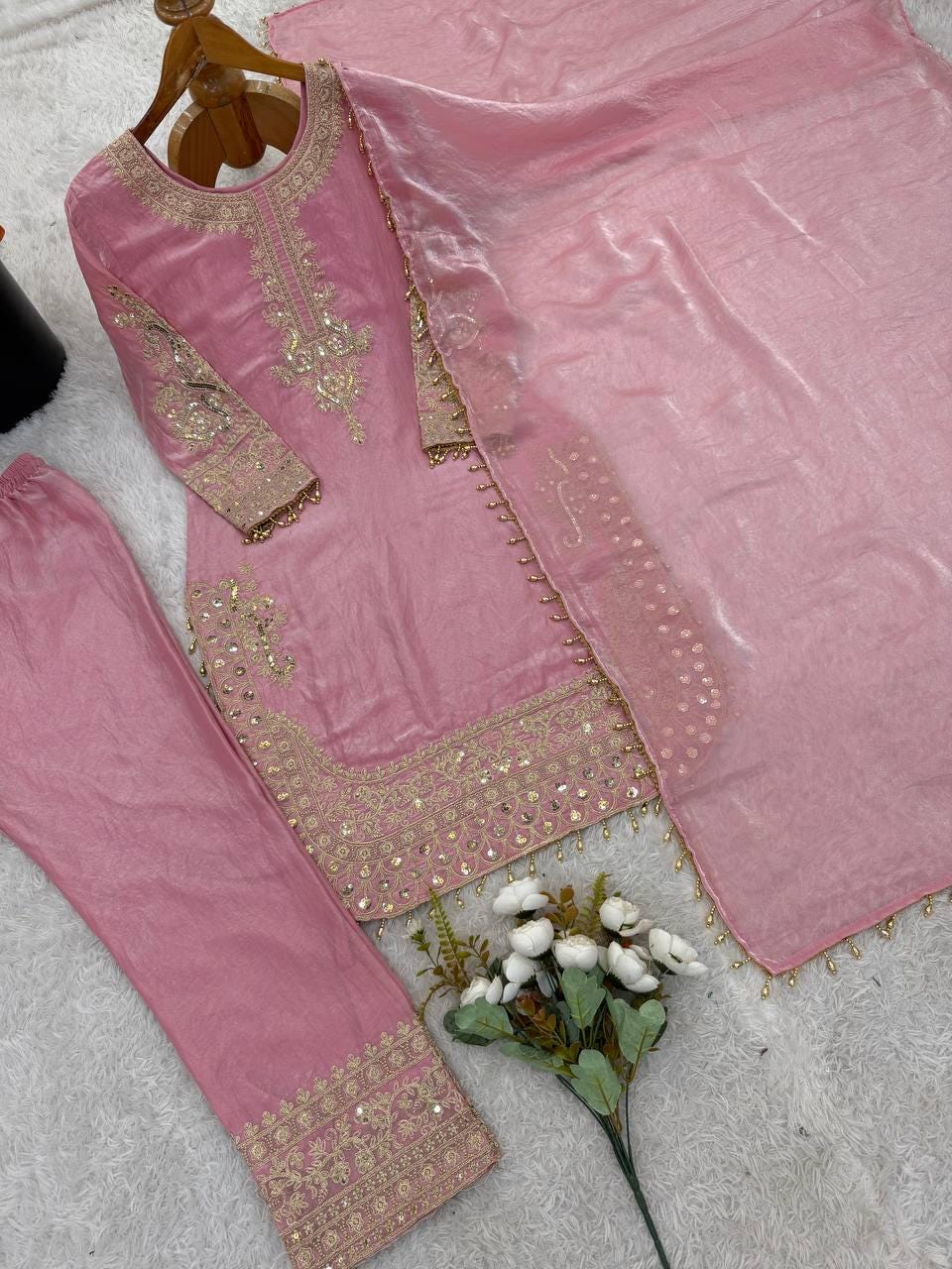 Pink Silk Top, Bottom, Dupatta Set: Heavy Embroidery Sequence Work (Fully Stitched)