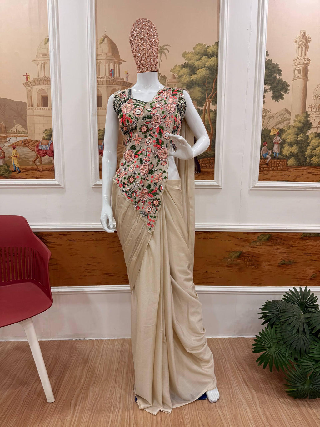 Ready-to-Wear White Chinon Silk Saree with Sequin Work